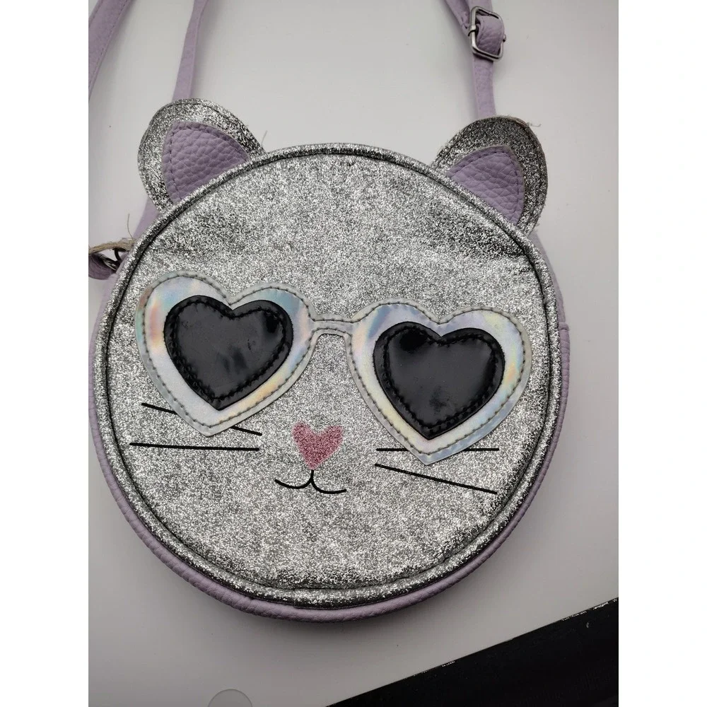 Girls Silver Glitter Cat Face Crossbody Bag Lavender Heart Sunglasses Purse